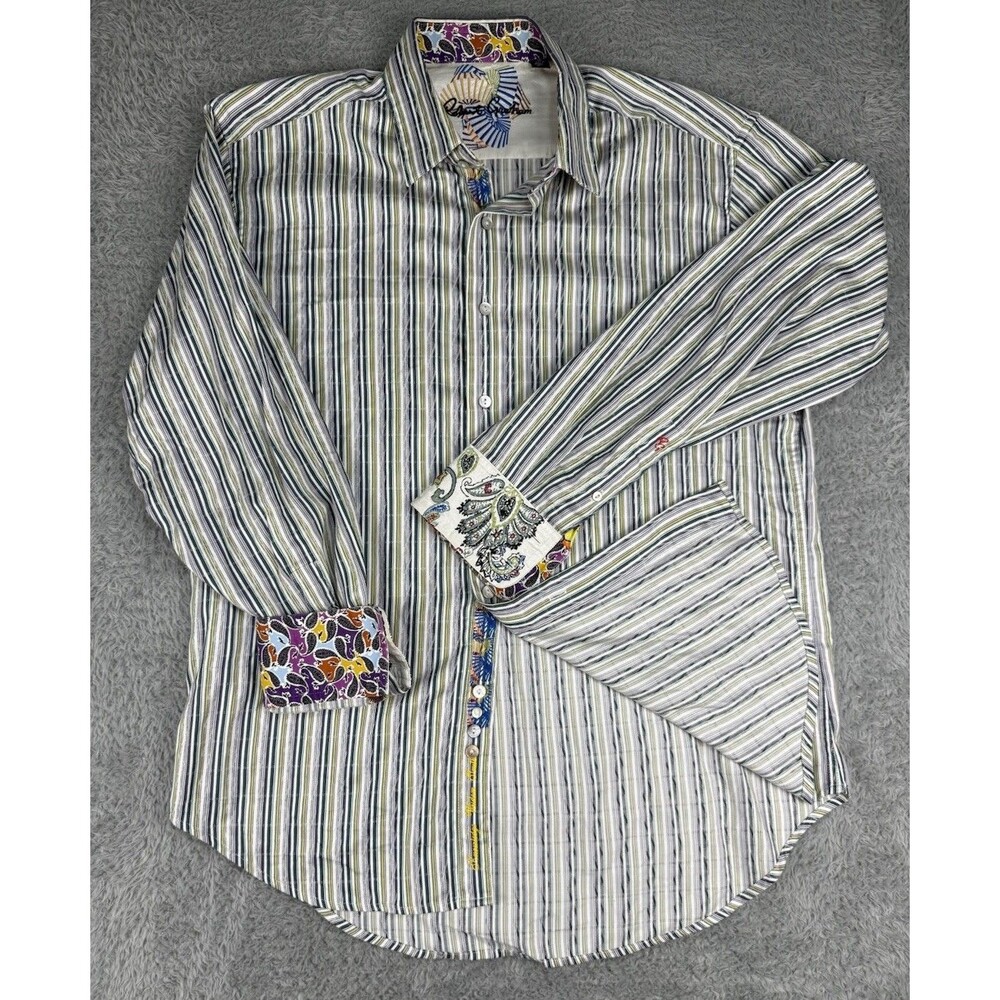 Robert Graham Men’s Large Striped Button Shirt Paisley Cuffs Multicolor